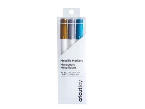 KIT DE MARCADORES CRICUT METALICOS, 3 PACK PARA ESCRIBIR MENSAJES O FRASES IMPECABLES Y DIBUJE DISEÑOS GRANDES INTRINCADOS CON UN TOQUE, PUNTA DE (1,0) COLOR  PLATA, DORADO Y AZUL PARA CRICUT JOY / XTRA. (2007086).