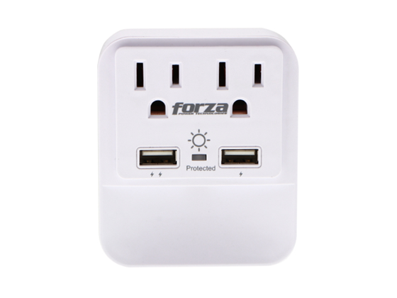 TOMACORRIENTE DOBLE FORZA, 2 ENCHUFES HORIZONTALES + 2 PUERTOS USB, LUZ NOCTURNA, PROTECTOR SOBRETENSIÓN, 1875 WATTS (FWT-221USB)