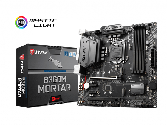 MB MSI B360M MORTAR, CPU SUPPORT 8TH / 9TH GEN INTEL, SOCKET 1151, CHIPSET INTEL B360 CHIPSET, DDR4 MEMORY 2666/ 2400/ 2133 MHZ, MEMORY CHANNEL DUAL, DIMM SLOTS 4, MAX MEMORY (GB) 64, PCI-E X16 2, PCI-E GEN GEN3, PCI-E X1 2, SATAIII 4, M.2 SLOT 2, TPM (HEADER) 1, LAN 10/100/1000*1, USB 3.1 PORTS (FRONT) 1(GEN2, TYPE C), 2(GEN1, TYPE A), USB 3.1 PORTS (REAR) 1(GEN2, TYPE C), 1(GEN2, TYPE A), USB 2.0 PORTS (FRONT) 2, USB 2.0 PORTS (REAR) 4, AUDIO PORTS (REAR) REALTEK ALC892 CODEC, DISPLAYPORT 1, DVI-D 1, HDMI 1, DIRECTX 12, FORM FACTOR M-ATX, CROSSFIRE Y, OPERATING SYSTEM SUPPORT FOR WINDOWS 10 64-BIT