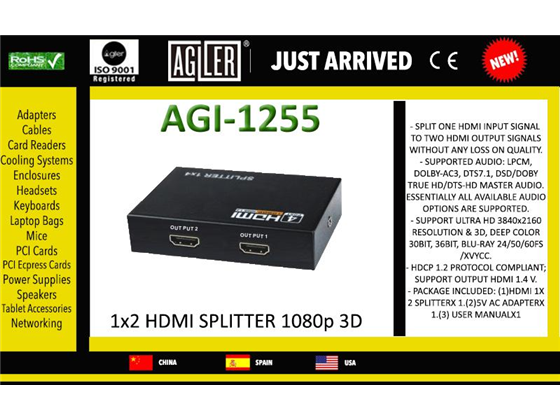 SPLITTER HDMI 1X2 AGILER, SUPORTA HASTA 1080P, (AGI-1255)