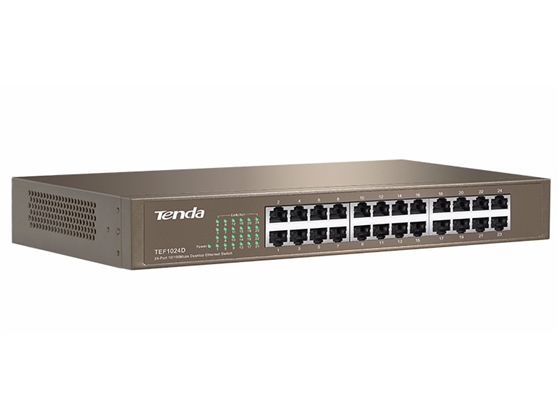 SWITCH 24 PUERTOS TENDA TEF1024D, NO ADMINISTRABLE/RACK 1U, 10/100MBPS. PROTECCION CONTRA RAYOS (DEBE TENER TIERRA DEBIDAMENTE INSTALADA) - CASE METALICO