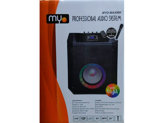 BOCINA MYO 8" PORTATIL CON BATERIA, MICROFONO WIRELESS UHF, CON SUBWOOFER, LECTOR SD, BT, MP3, 80W, NEGRAS, LUCES LED AZUL (MYO-MAX800)