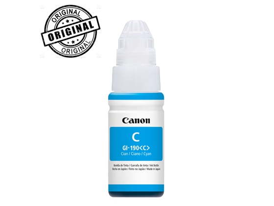 BOTELLA DE TINTA CANON GI-190 CYAN 70ML, COMPATIBLE CON PIXMA G3100, G2100, G1100, G1110, G2110, G3110, G4111.