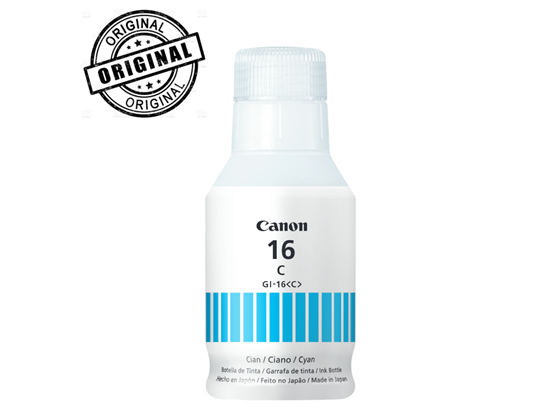 BOTELLA DE TINTA CANON GI-16 CYAN, 70ML, COMPATIBLE CON MAXIFY: GX 3010, GX4010, GX6010, GX7010.