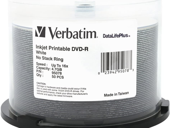 DVD-R VERBATIM 16X, 4.7GB, DATA LIFE PLUS  BLANCO INKJET PRINTIABLE SPINDLE, 50PK