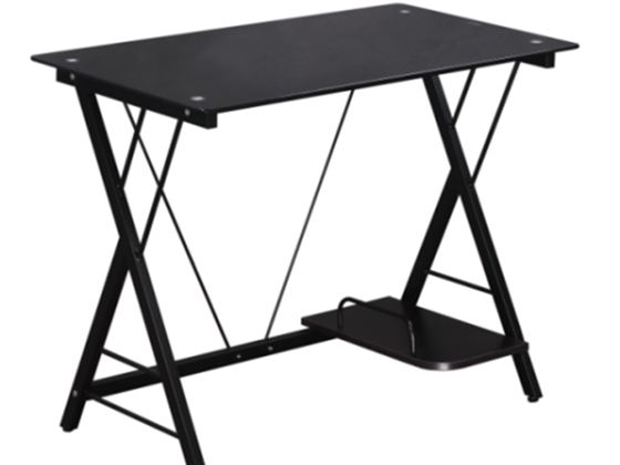 ESCRITORIO MYO CON BASE DE METAL,TOPE DE VIDRIO TEMPLADO Y ESTANTE UTILITARIO, COLOR NEGRO.