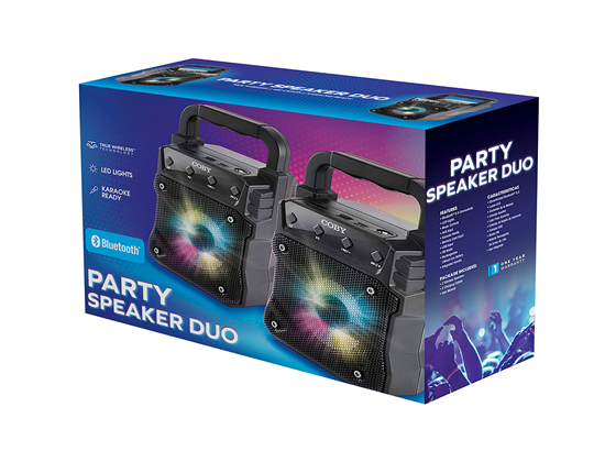 BOCINAS COBY PORTABLE, 2  SPEAKERS BLUETOOTH 5.0, STEREO, AUTO-CONNECTS, RADIO FM, LEDS. NEGRO (CSTW630BK).