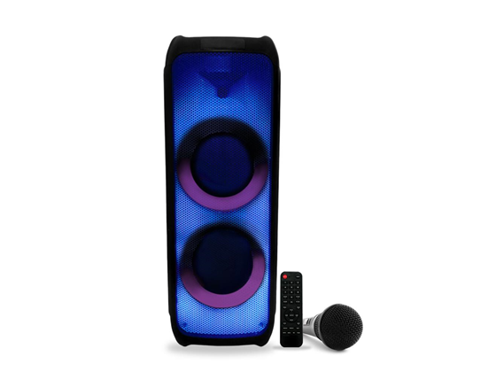 BOCINA ARGOM RAVE 100 TWS WIRELESS BT PARTY SPEAKER WITH FLAME LED LIGHTS, 2000W P.M.P.O, WIRELESS BT SPEAKER, 1/4 "ENTRADA DE MICRÓFONO PARA KARAOKE, MICROFONO INNALAMBRICO, CONTROL REMOTO, MICROSD USB, NEGRO.