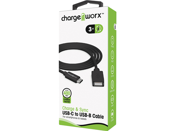 CABLE USB- C /USB-B PARA SMARTPHONES & TABLETS, CHARGEWORX,  3FT, NEGRO (CARGA RAPIDA)