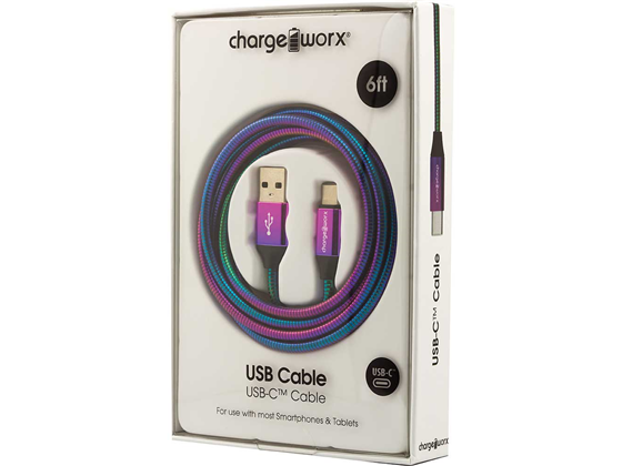 CABLE USB-C CHARGEWORX PARA SMARTPHONES & TABLETS, 6FT, ARCOIRIS, CARGA ULTRA-RAPIDA 480 MBPS