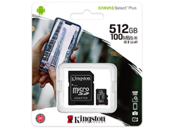 MEMORIA MICROSD 512GB KINGSTON, SDHC, CLASE 10 UHS-1, A1, INCLUYE ADAPTADOR SD.