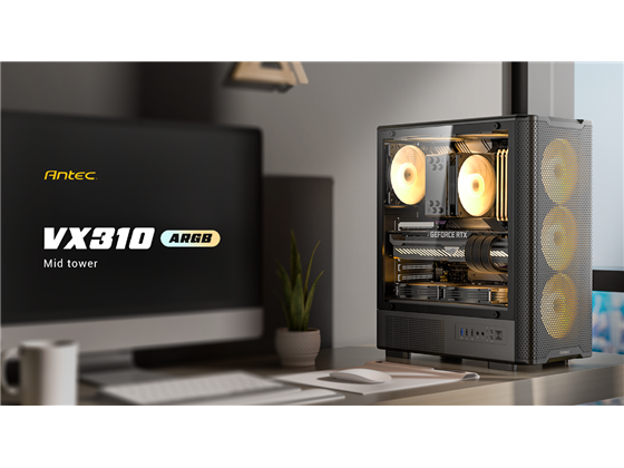 [VX310-ARGB] CASE GAMING ANTEC VX310 ARGB MID-TOWER. COLOR NEGRO CON UN PANEL FRONTAL COMPLETO DE MALLA DISEÑADO PARA UN ALTO FLUJO DE AIRE. CUENTA CON PANEL LATERAL DE VIDRIO TEMPLADO. INCLUYE CUATRO VENTILADORES ARGB DE 120MM PREINSTALADOS (TRES FRONTALES Y UNO TRASERO). CONECTIVIDAD FRONTAL (I/O): UN PUERTO USB 3.0, DOS PUERTOS USB 2.0, MIC Y AUDIO HD. SOPORTA PLACAS BASE ATX, M-ATX E ITX. OFRECE ESPACIO PARA DISIPADORES DE CPU DE HASTA 165MM Y TARJETAS GRÁFICAS DE HASTA 320MM.