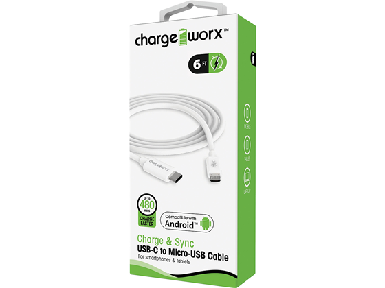 CABLE USB-C / MICRO USB, CHARGEWORX PARA SMARTPHONES & TABLETS, 6FT, BLANCO, CARGA RAPIDA