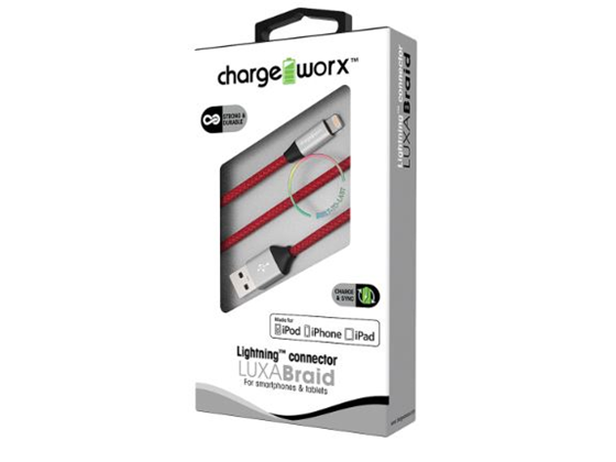 CABLE PARA SMARTPHONES & TABLETS, (IPHONE, IPOD, IPAD),  GLOSSTUFF LIGHTNING CHARGEWORX, 3FT, METALICO, ROJO
