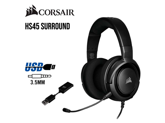 AUDIFONO CON MICROFONO CORSAIR HS45, GAMING, SURROUND, MICROFONO DESMONTABLE, (1) CONECTOR 3.5" (INCLUYE ADAPTADOR USB SURROUND PC ONLY), BANDA AJUSTABLE, CONTROL DE VOLUMEN Y MIC, ALMOHADILLAS ACOLCHADAS PARA LARGAS HORAS DE JUEGO, COMPATIBLE CON XBOX ONE, PS4, NINTENDO SWITCH Y PC, COLOR CARBON, (CA-9011220-NA)
