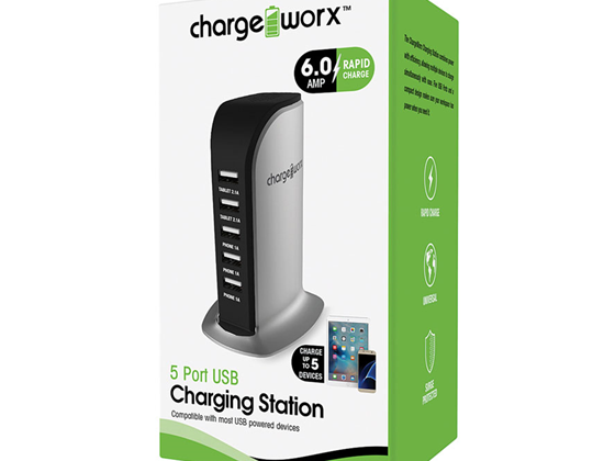 CARGADOR USB DE 5 PUERTOS (6.0AMP), CHARGING STATION, CHARGEWORX COMPATIBLE CON DISPOSITIVO USB, NEGRO (PHONE 3X 1A), (TABLET 2X 2.1A)