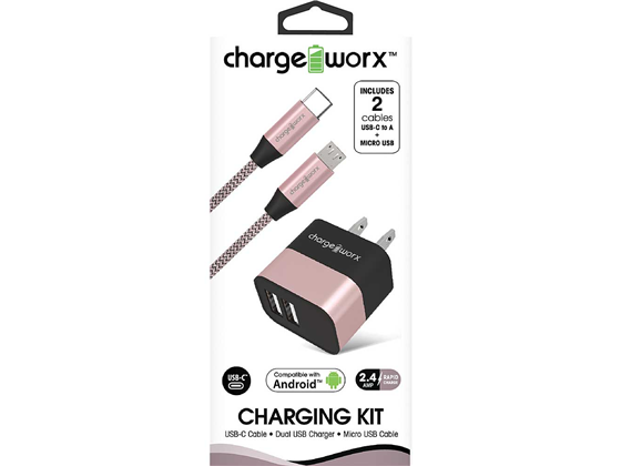 CARGADOR DE PARED DUAL USB  2.4AMP (KIT) + CABLE MICRO USB + CABLE USB-C , CHARGING KIT, CABLE 3FT, ROSE GOLD.