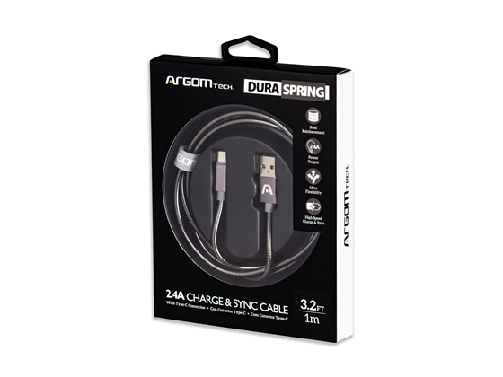 CABLE TIPO-C A USB 2,0 ARGOM, 1M/3.2FT, TRENZADO, FLEXIBLE, GRIS.