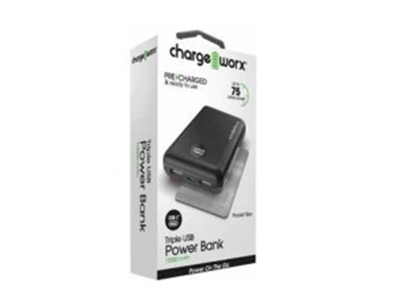 CARGADOR MOVIL (POWER BANK) + FLASHLIGHT, ULTRA FINO, CHARGEWORX, BATERIA RECARGABLE 10,000MAH,   TRIPLE USB, CARGA RAPIDA,  (CX6827BK)
