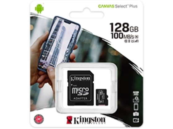MEMORIA MICROSD 128GB KINGSTON, SDHC, CLASE 10 UHS-1, A1, INCLUYE ADAPTADOR SD.