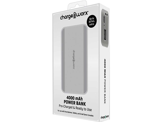 CARGADOR MOVIL (POWER BANK), CHARGEWORX 4000MAH, LED INDICATOR, SWITCH ON/OFF, 30 HR,  USB/MICRO-USB. (PLATEADO)