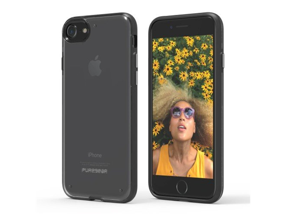 COVER PUREGEAR PARA IPHONE 8, IPHONE  7, SLIM, FLEXIBLE ULTRA DELGADA, BOTONES FUNCIONALES DE METAL, TRANSPARENTE, NEGRO.