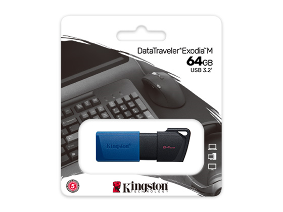 MEMORIA USB 64GB KINGSTON, 3.2 GEN.1 DATATRAVELER EXODIA M (NEGRO+ AZUL)