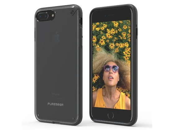 COVER PUREGEAR PARA IPHONE 8 PLUS, IPHONE 7 PLUS, SLIM, FLEXIBLE ULTRA DELGADA, BOTONES FUNCIONALES DE METAL, TRANSPARENTE, NEGRO.