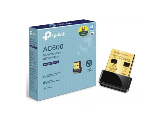 ADAPTADOR DE RED USB WIFI TP-LINK AC600 ARCHER T2U NANO, 2.4GHZ/200MBPS, 5.0GHZ/433MBPS, 802.11AC/B/G/N, DUAL BAND.