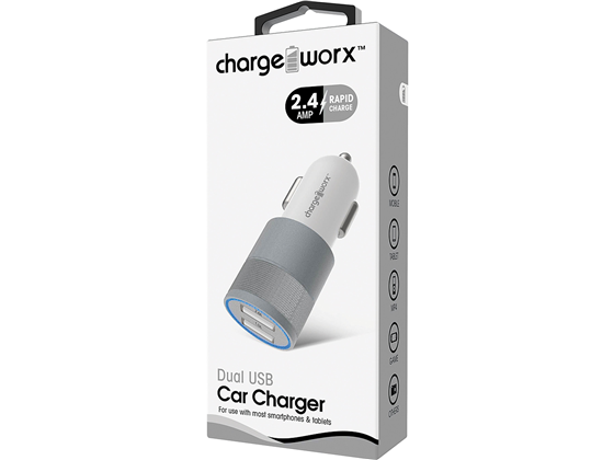 CARGADOR PARA CARRO DUAL USB (2.4AMP), CHARGEWORX,  BLANCO / PLATEADO, CARGA RAPIDA
