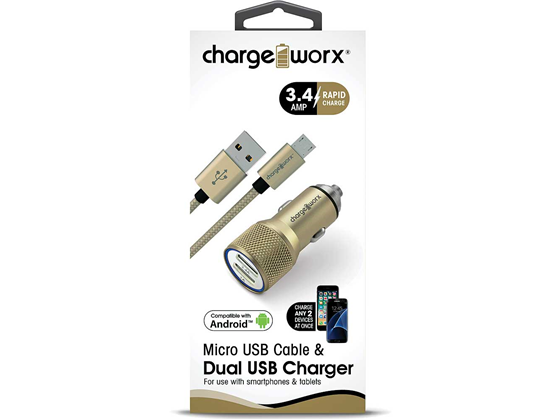 CARGADOR PARA CARRO USB (3.4AMP) + CABLE MICRO USB ,3FT, CHARGEWORX PARA SMARTPHONES & TABLETS, DORADO, CARGA RAPIDA,