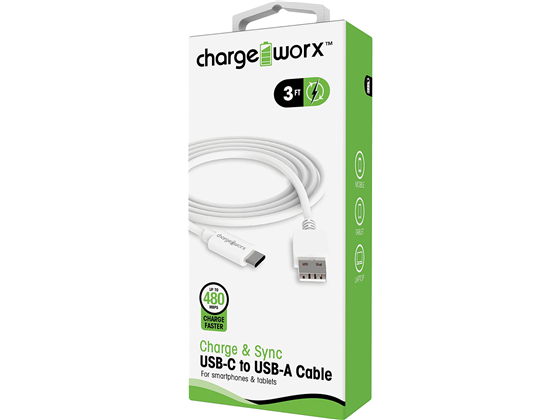 CABLE USB- C/ USB-A PARA SMARTPHONES & TABLETS,  CHARGEWORX, 3FT, BLANCO (CARGA RAPIDA)