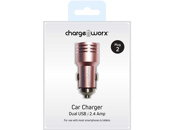 CARGADOR PARA CARRO DUAL USB (2.4AMP) CHARGEWORX PARA SMARTPHONES & TABLETS, ROSA