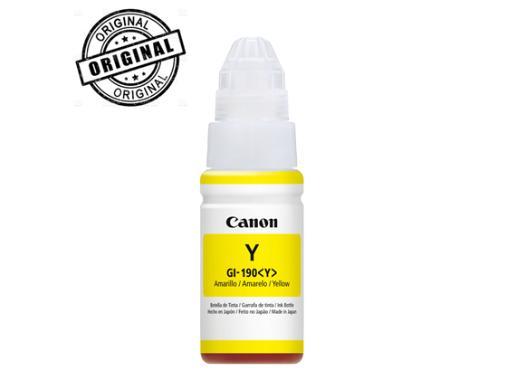 BOTELLA DE TINTA CANON GI-190 AMARILLO 70ML, COMPATIBLE CON PIXMA G3100, G2100, G1100, G1110, G2110, G3110, G4111.