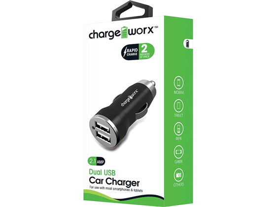 CARGADOR PARA CARRO DUAL USB (2.1AMP) CHARGEWORX PARA SMARTPHONES & TABLETS, NEGRO