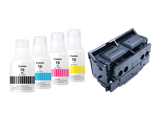 KIT DE TINTAS CANON GI-16 (BK,C,M,Y) + CABEZAL PARA IMPRESORAS MAXIFY: G1500, G2500, G3500, G4200, G6100, G7100.