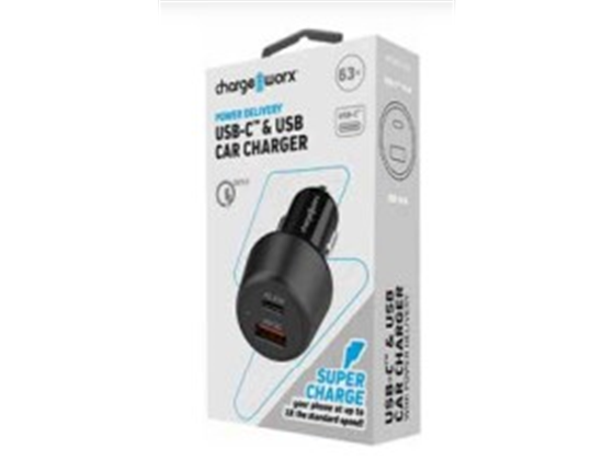 CARGADOR PARA CARRO DUAL USB CHARGEWORX PARA SMARTPHONES & TABLETS, (USB-C+USB-A), PD 65W  NEGRO. CX3023BK