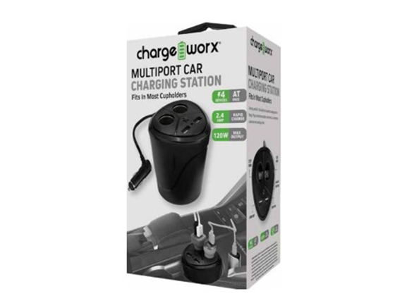MULTI ESTACIÓN DE CARGA PARA COCHES, 4 DISPOSITVOS, 2.4AMP CARGA RAPIDA, 120W INPUT, EN PORTAVASOS