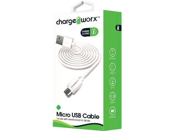 CABLE MICRO USB PARA SMARTHONES & TABLETS, CHARGEWORX, 3FT, BLANCO.