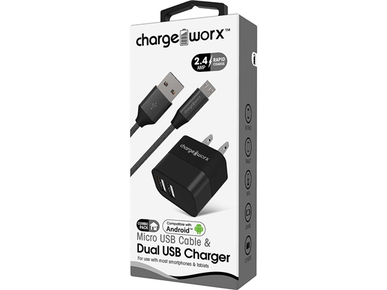 CARGADOR DE PARED DUAL USB (2.4AMP) + CABLE MICRO USB, CHARGEWORX PARA SMARTPHONES & TABLETS, 3FT, NEGRO, CARGA RAPIDA