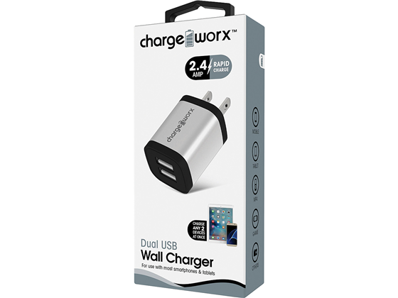 CARGADOR DE PARED DUAL USB (2.4AMP), CHARGEWORX PARA SMARTPHONES & TABLETS, PLATEADO