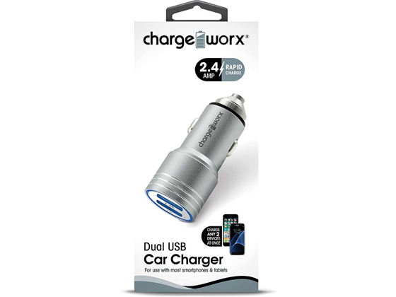 CARGADOR PARA CARRO DUAL USB (2.4AMP), ESCAPE HAMMER, CHARGEWORX, PLATEADO, CARGA RAPIDA