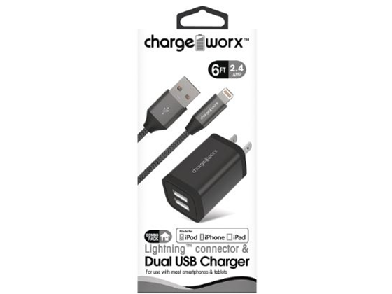 CARGADOR DE PARED + CABLE LIGHTNING , DUAL USB (2.4AMP) CHARGEWORX PARA SMARTPHONES & TABLETS, 6FT, METAL,  NEGRO