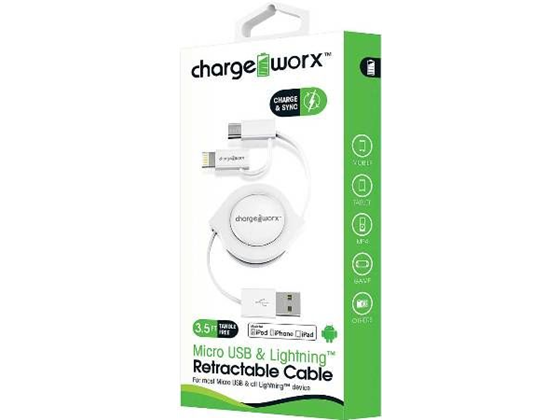 CABLE USB/LIGHTNING + MICRO USB, CHARGEWORX, 3FT, PARA IPHONE, BLANCO