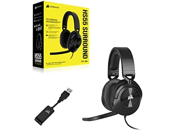 AUDIFONO CON MICROFONO CORSAIR HS55, GAMING, SURROUND (CON ADAPTADOR USB) , CONECTOR 3.5", BANDA AJUSTABLE, CONTROL DE VOLUMEN Y MIC, ALMOHADILLAS ACOLCHADAS PARA LARGAS HORAS DE JUEGO, COMPATIBLE CON XBOX ONE / X, PS4 / 5, COLOR CARBON, (CA-9011265-NA)