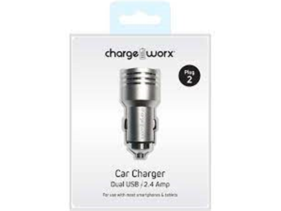 CARGADOR PARA CARRO DUAL USB (2.4AMP) CHARGEWORX PARA SMARTPHONES & TABLETS, PLATEADO.