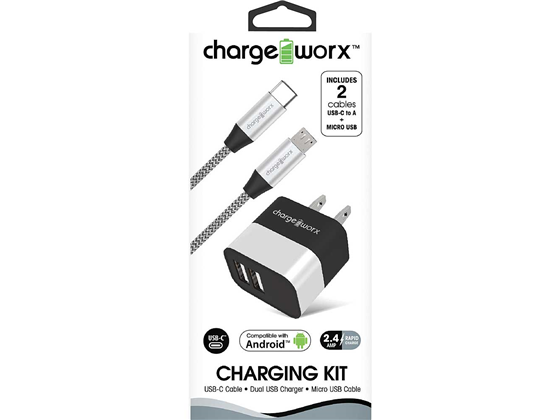 CARGADOR DE PARED DUAL USB  2.4AMP (KIT) + CABLE MICRO USB + CABLE USB-C , CHARGING KIT, CABLE 3FT, PLATEADO.