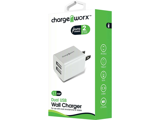 CARGADOR DE PARED DUAL USB (2.1AMP), CHARGEWORX PARA SMARTPHONES & TABLETS, BLANCO