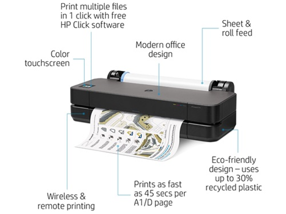 IMPRESORA HP DESIGNJET T210 24" LARGE-FORMAT PRINTER - COLOR -PLOTTER - CORTADORA HORIZONTAL - INK-JET - ROLL A1 - 1200 DPI - UP TO 1.2 PPM (NEGRO) / HASTA 1.2 PPM COLOR - 1X GIGABIT LAN PORT / USB 2.0 / WIFI 802.11 - CARTUCHOS HP 712