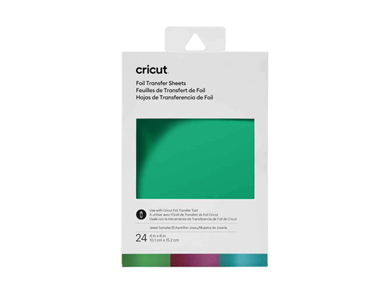 PAQUETE DE HOJAS CRICUT DE FOIL TRANSFERENCIA, (24 HOJAS), 4 X 6". COLOR JOYERIA: MORADO,TURQUESA Y VERDE. (2008703).
